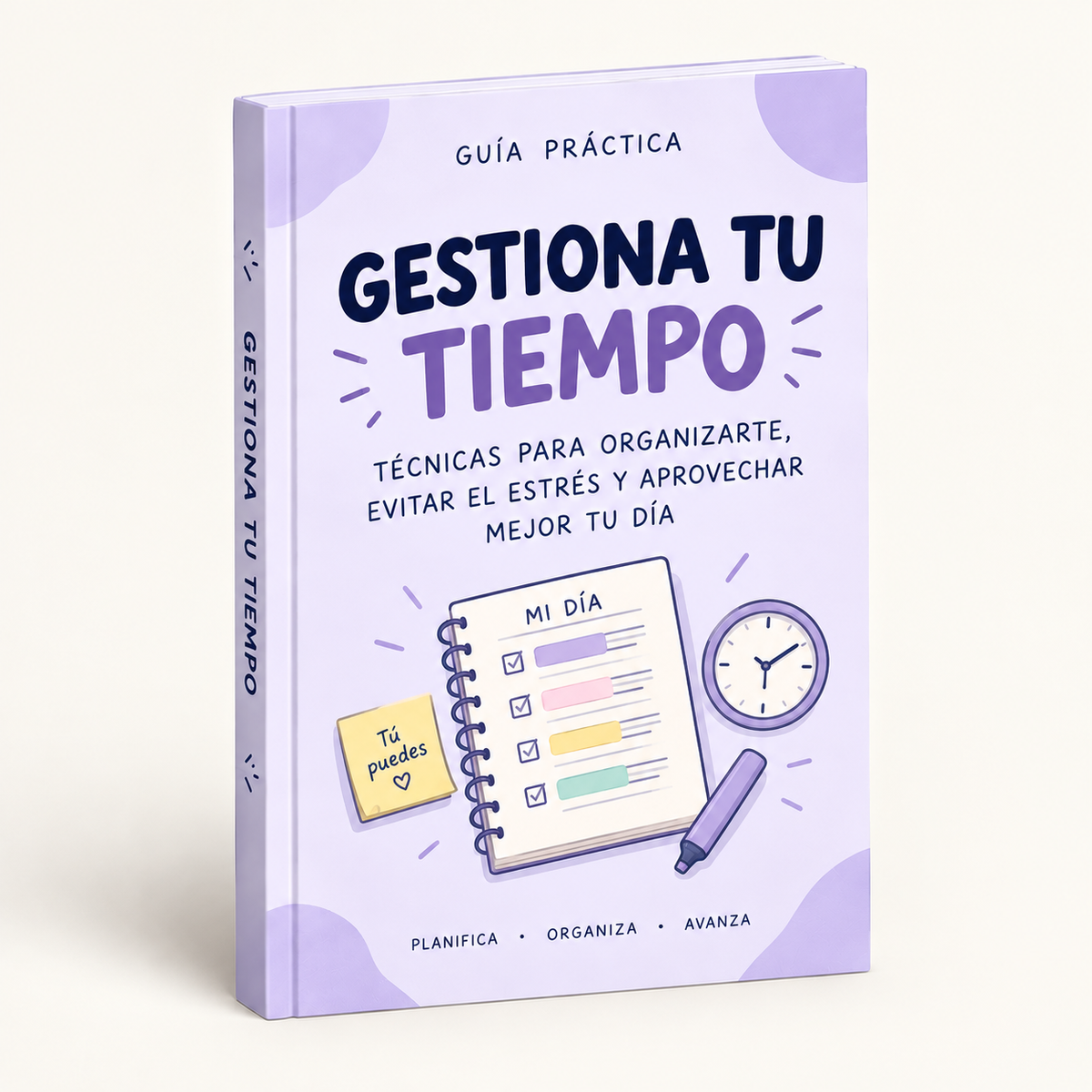 Portada lila del ebook Gestiona tu tiempo
