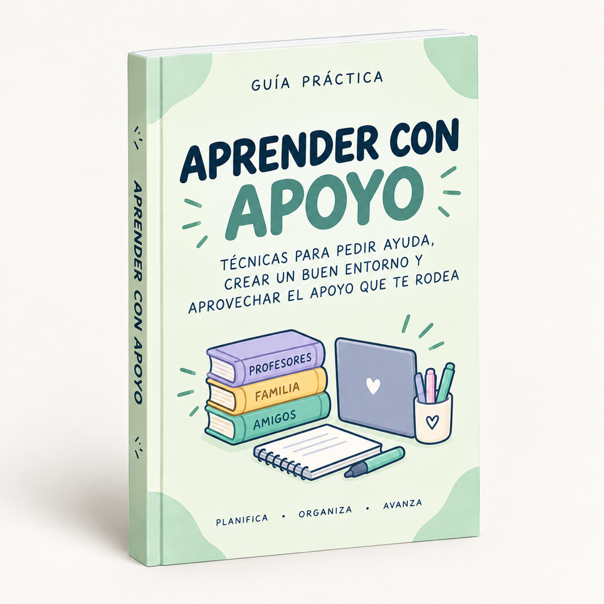 Portada verde del ebook Aprender con apoyo con libros, un portátil y un cuaderno