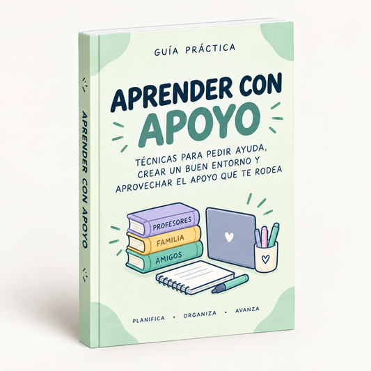 Portada verde del ebook Aprender con apoyo con libros, un portátil y un cuaderno